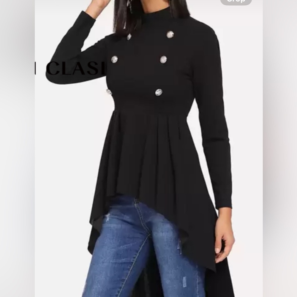 Black mock neck double breasted dip hem peplum Top Sz lg 8/10 - Picture 2 of 3